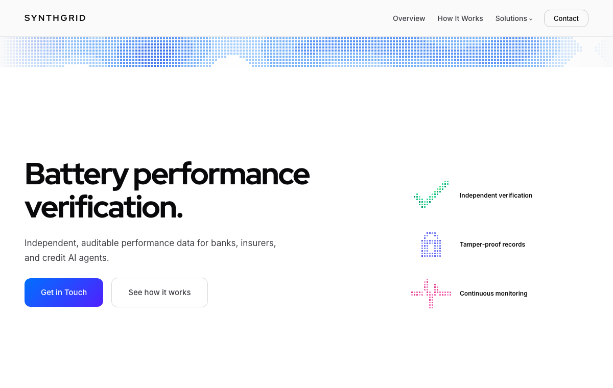 SynthGrid battery performance verification homepage screenshot